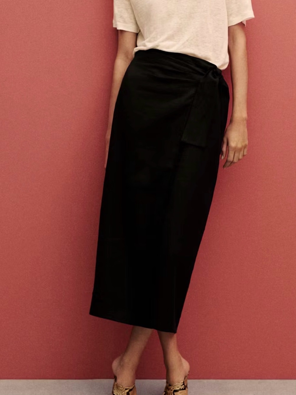 LINEN Mango Black Wrap Midi Skirt with Side Tie Detail